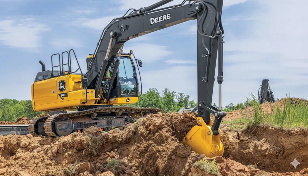 Escavadeira John Deere 200G trabalhando
